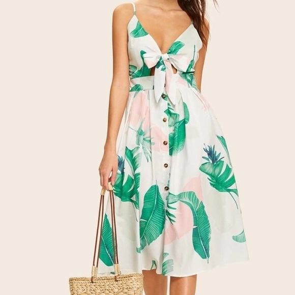 SHEIN Dresses & Skirts - Tropical Palm Leaf Botanical Print Button Down Cutout Tie Front White Cami Dress